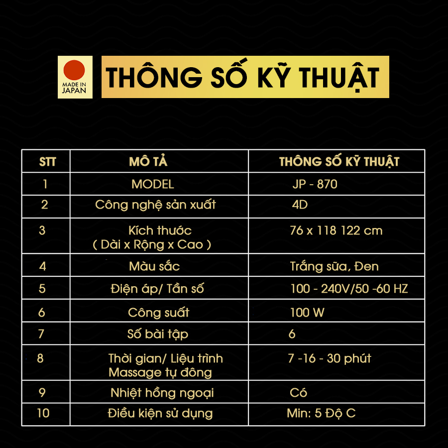 Thông số ký thuật ghế massage toàn thân FUJIIRYOKI JP-870